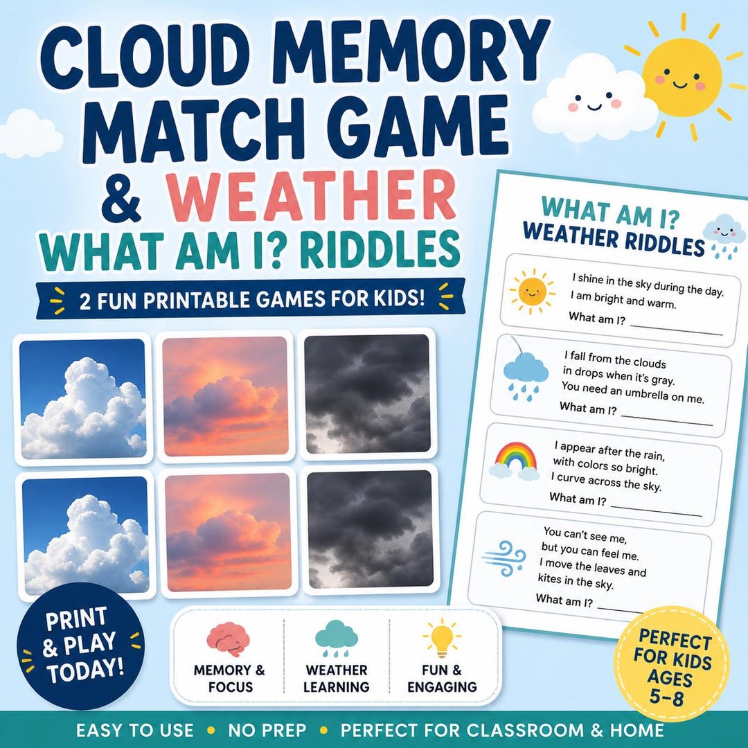 Cloud Memory Match Game & Weather Riddles Printable | Kids Weather ...