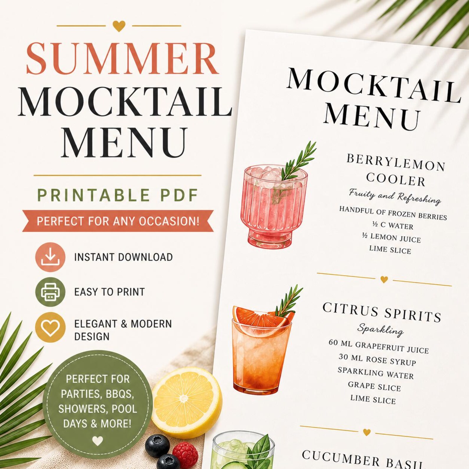 Easy Mocktail Menu.pdf Summer Mocktail Menu Printable, Drink Menu Sign, Baby Shower, Bridal ...