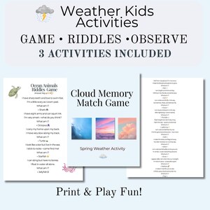 May include: Printable weather-themed kids' activities, including a riddle game about ocean animals and a cloud memory match game. The image features colorful illustrations and the text "Print & Play Fun!"