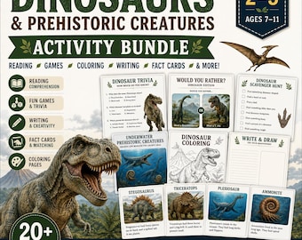 Paquete de actividades sobre dinosaurios y criaturas prehistóricas para niños / Juegos de dinosaurios imprimibles, actividades de lectura y ciencias para la educación en casa (PDF)