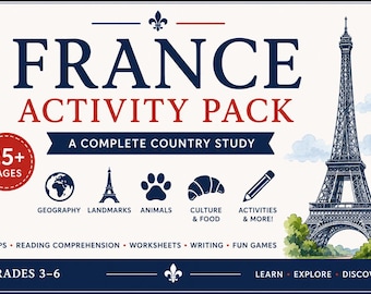 Paquete de estudio de Francia / Actividades sobre Francia para niños / Hojas de trabajo de geografía / Monumentos, animales y cultura / Material imprimible para la educación en casa