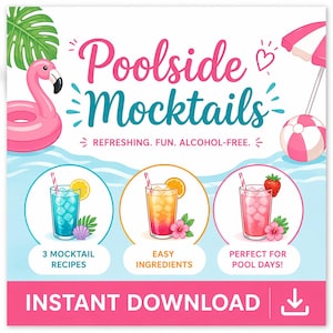 Könnte beinhalten: Ein farbenfrohes Grafikdesign, das "Poolside Mocktails" bewirbt. Das Design zeigt einen rosa Flamingo-Schwimmer, einen Strandball und einen rosa-weiß gestreiften Sonnenschirm. Drei Mocktail-Rezepte werden mit dem Text "Refreshing. Fun. Alcohol-Free." angezeigt.