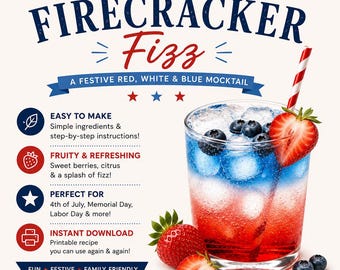 Firecracker Fizz Mocktail Rezept zum Ausdrucken | Rot, Weiß und Blau Party Drink | Vaterländischer Sommer Mocktail | 4. Juli Getränkerezept