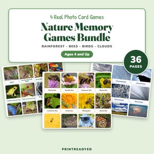 May include: A 36-page nature memory games bundle featuring 4 real photo card sets including rainforest animals, bees, birds, and clouds. The cards display high-quality photographs of various species with labels. The set is designed for ages 4 and up.