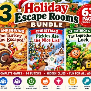 Może przedstawiać: 63-stronicowy pakiet PDF do druku zawierający trzy gry typu escape room: Thanksgiving The Turkey Has Escaped, Christmas Pickles Ate the Nice List oraz St. Patrick's Day The Leprechaun's Lock, w tym 24 zagadki i ukryte wskazówki.