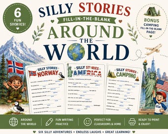 Historias divertidas de todo el mundo para imprimir / Actividades de escritura para niños para completar los espacios en blanco / Juego de gramática divertido / PDF para educación en casa