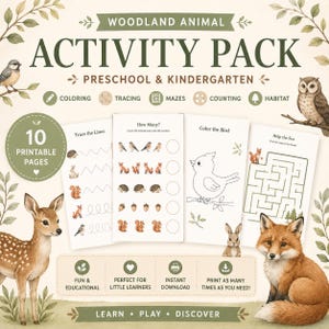 May include: A woodland animal activity pack for preschool and kindergarten. The pack includes 10 printable pages with activities like colouring, tracing, mazes, and counting. The image features illustrations of a deer, fox, owl, and other woodland creatures.