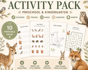 Paquete de actividades de animales del bosque / Hojas de trabajo para preescolar y jardín de infantes / Colorear, trazar, laberinto, contar, hábitat / Descarga instantánea