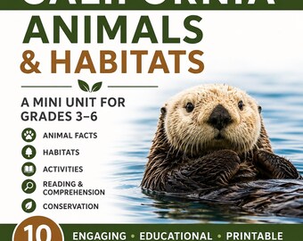 Miniunidad didáctica sobre animales y hábitats de California / Actividades sobre la fauna silvestre de California / Unidad didáctica imprimible de ciencias y geografía / Recurso para la educación en el hogar