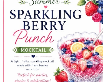 Receta de ponche de frutos rojos espumoso de verano y cartel para fiestas / Decoración imprimible para barra de cócteles sin alcohol / Descarga instantánea en PDF
