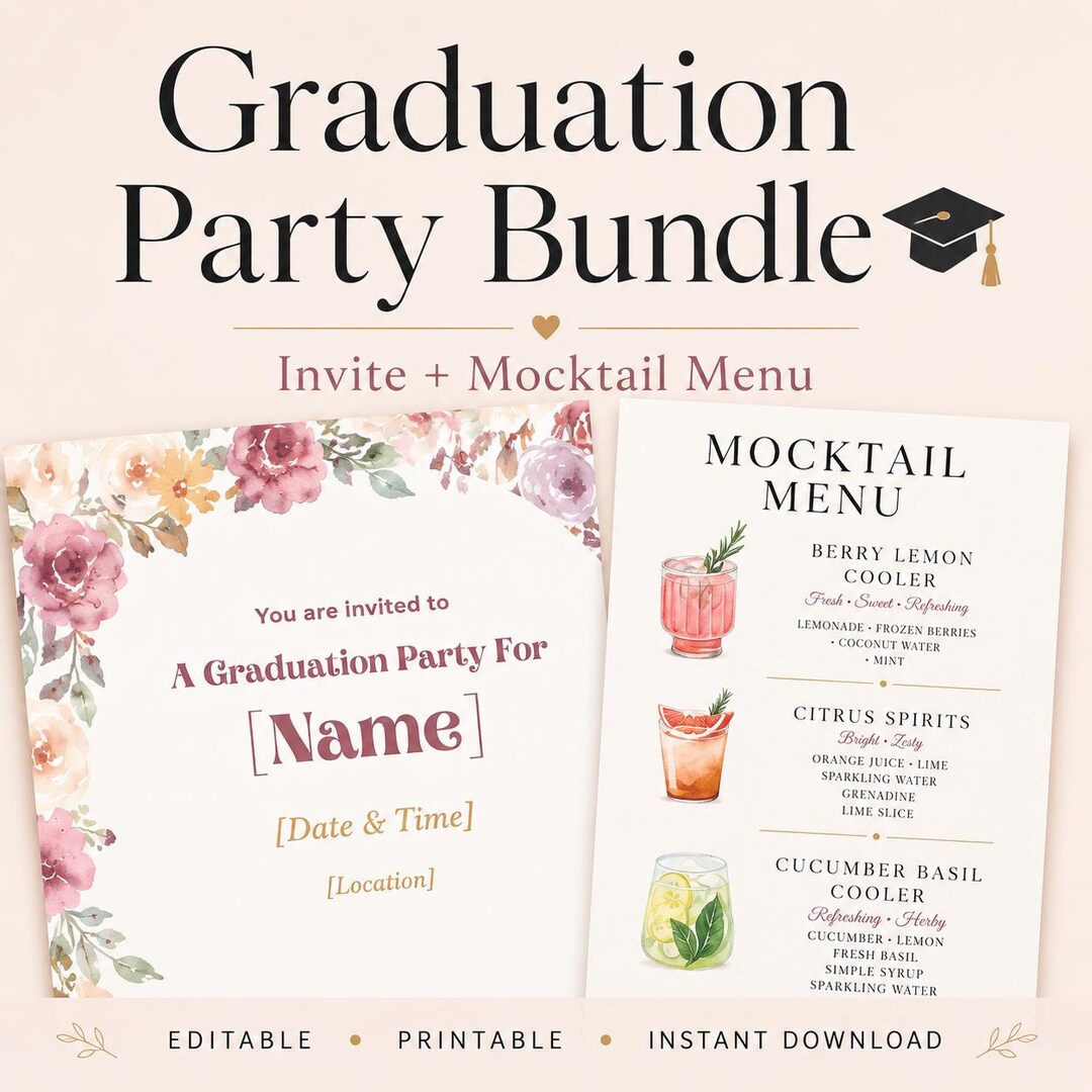 Graduation Invitation Template + Mocktail Menu Bundle Editable Canva ...