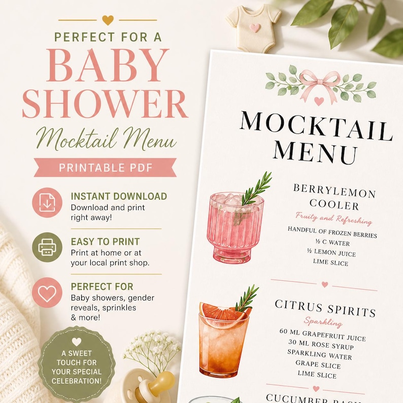 Easy Mocktail Menu.pdf Baby Shower Mocktail Menu Printable | Neutral Baby Shower Drink Menu ...