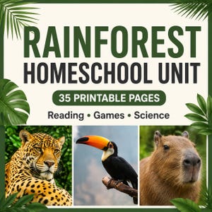 May include: A Rainforest Homeschool Unit educational resource featuring 35 printable pages with reading, games, and science activities. The design includes a jaguar, a toucan, and a capybara, framed by green tropical leaves on a cream background.