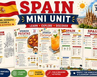 Miniunidad didáctica imprimible sobre España / Actividades de estudio de España para niños / Fichas de geografía, comprensión lectora y cultura para los grados 3 a 6.