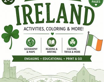 Paquete de estudio de Irlanda / Actividades sobre Irlanda para niños / Material imprimible de geografía, para colorear, preguntas y respuestas y lectura