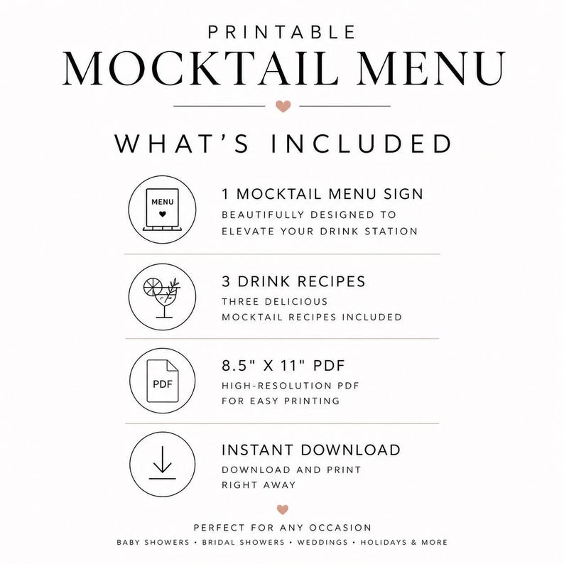 Easy Mocktail Menu.pdf Bridal Shower Mocktail Menu Printable | Elegant Drink Menu Sign ...