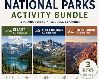Paquete de actividades sobre parques nacionales / Hojas de trabajo imprimibles sobre glaciares, montañas rocosas y el Gran Cañón / Geografía para la educación en casa / PDF de estudio de la naturaleza