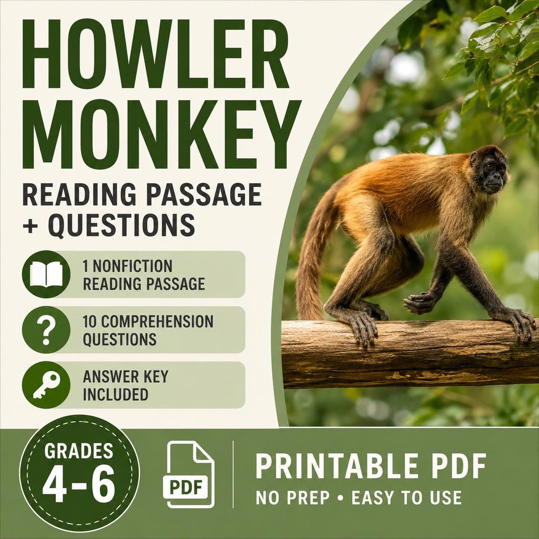 Howler Monkey Reading Comprehension Worksheet | Grades 4-6 (PDF) - Etsy