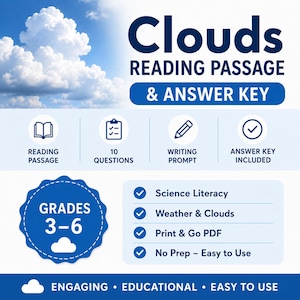 May include: A blue and white educational resource titled "Clouds Reading Passage & Answer Key." The image includes icons for reading passage, questions, writing prompt, and answer key. It is designed for grades 3-6 and covers science literacy, weather, and clouds.