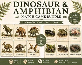 Paquete de juegos de emparejamiento de dinosaurios y anfibios antiguos / Material didáctico Montessori de ciencias para imprimir / Juegos de emparejamiento para el estudio de la naturaleza en la educación en casa