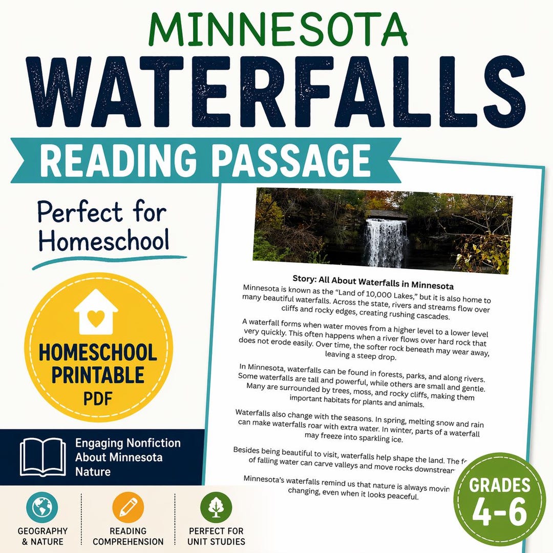 Waterfalls Worksheet.pdf Minnesota Waterfalls Reading Passage Printable | Homeschool Geography ...