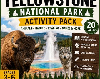 Paquete de actividades del Parque Nacional de Yellowstone / Animales, comprensión lectora, curiosidades y páginas para colorear / Unidad didáctica sobre la naturaleza para niños de 3.º a 6.º grado
