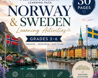 Paquete de actividades de Escandinavia para niños / Hojas de trabajo imprimibles de Suecia y Noruega / Lectura, preguntas y respuestas, recetas y juegos de geografía para la educación en casa