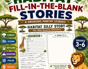 Historias para completar sobre hábitats / Actividades sobre hábitats animales / Hojas de trabajo de comprensión lectora / Material imprimible para escritura creativa