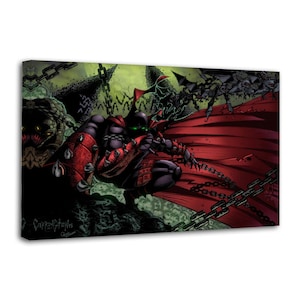 May include: Comic book art print featuring Spawn, a superhero character, in a dynamic pose. The artwork showcases Spawn in a black and red costume with a flowing red cape, chains, and a green-eyed mask. The background has a dark, gritty aesthetic.