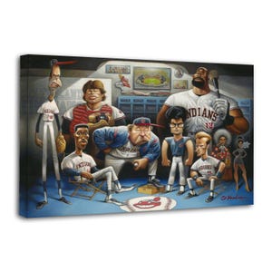 May include: A canvas print featuring a baseball team in a dugout setting. The artwork depicts caricatures of players and coaches in their uniforms, with the word "Indians" visible on the jerseys. A baseball and a team logo are on the floor.