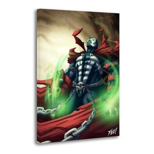 Puede incluir: Impresión artística de cómic que presenta un personaje con un traje blanco y negro con una hebilla de cinturón de calavera y cadenas. El personaje tiene una capa roja y está rodeado de energía verde. La palabra "FAST!" está en la esquina inferior derecha.