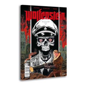 May include: A canvas print of a comic book cover featuring the title "Wolfenstein" in red. The artwork depicts a skull wearing a military hat with a skull and crossbones, and a man holding a machine gun. The background shows a war scene.