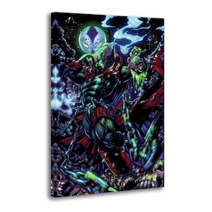 May include: Comic art print depicting Spawn, a superhero with a red cape and chains, set against a dark, moonlit backdrop. The artwork shows Spawn in a dynamic pose, with vibrant colours and detailed illustrations.