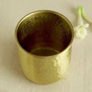 May include: A small, hammered brass cup with a textured surface. The cup has a rounded shape and a golden hue. The interior is dark, and the rim is smooth. A white flower with green stems is in the background.