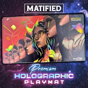 May include: A rectangular playmat featuring a repeating illustration of a character with dark hair and glowing yellow eyes. The design includes holographic accents, the text MATIFIED, and the Riftbound League of Legends logo in the corner.
