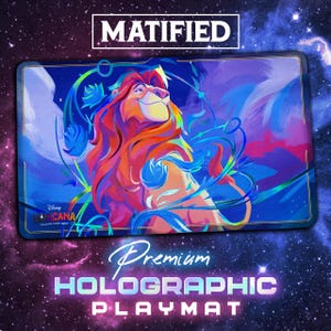 May include: A rectangular playmat featuring a colorful illustration of a lion with a blue and purple background. The playmat has the text "MATIFIED" at the top and "Premium Holographic Playmat" at the bottom. The Disney Lorcana Trading Card Game logo is also visible.