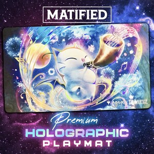 May include: A rectangular playmat featuring a white, winged creature playing a golden horn. The scene includes swirling musical notes, a glowing moon, and fireworks against a dark blue, starry background. The text MATIFIED, MAGIC, and FINAL FANTASY are visible on the surface.