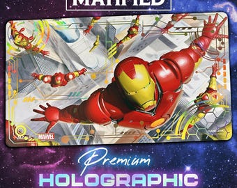 Holographic Foil Iron Man, Master of Machines Playmat – Magic the Gathering Marvel Super Heroes TCG Customized Matified