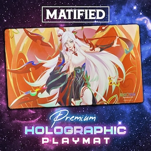 May include: A rectangular holographic playmat featuring a detailed anime-style illustration of a female character with long white hair, wearing a red and black outfit. The playmat has the text "MATIFIED" and "Premium Holographic Playmat".