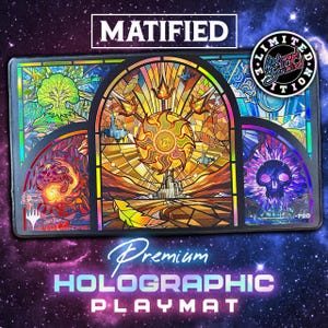 May include: A rectangular holographic playmat featuring a stained-glass style design with a central sun, a tree, a fiery landscape, and a purple skull. The mat includes the text MATIFIED and a circular badge reading LIMITED EDITION.