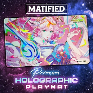 May include: A premium holographic playmat featuring a colorful anime-style illustration of a female character with pink hair and teal eyes. The playmat has the text "MATIFIED" and "RIFTBOUND LEAGUE OF LEGENDS" printed on it.