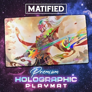 May include: A holographic playmat featuring a detailed illustration of a warrior with a colorful sword. The playmat has the text "MATIFIED" at the top and "Premium Holographic Playmat" at the bottom, set against a starry background.