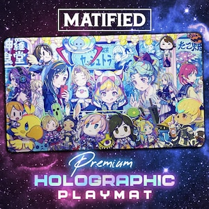 May include: A rectangular playmat featuring a vibrant collage of various anime-style characters in a bustling street scene. The top center displays the text MATIFIED. The design includes numerous figures, a large yellow bird, and Japanese signage, all set against a colorful, detailed background with a holographic finish.