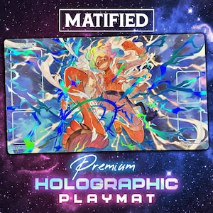 May include: A rectangular playmat featuring a vibrant, holographic illustration of a character with multicolored hair and a white coat in a dynamic pose. The design includes One Piece branding, lightning effects, and card placement zones.