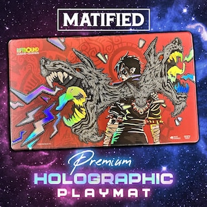 May include: Red holographic playmat featuring a detailed illustration of a character with two wolf-like creatures. The playmat has the text "MATIFIED" at the top and "Premium Holographic Playmat" at the bottom. The design includes lightning bolts and a "RIFTBOUND LEAGUE OF LEGENDS" logo.