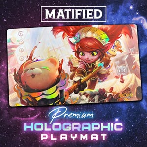 May include: A rectangular playmat featuring a vibrant illustration of a fantasy character with red hair and a bear-like creature. The playmat has the text "MATIFIED" at the top and "Premium Holographic Playmat" at the bottom.