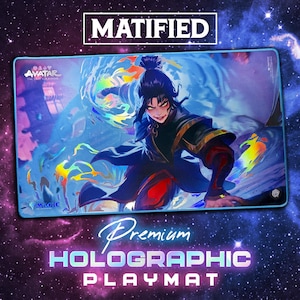 May include: A premium holographic playmat featuring a character from Avatar: The Last Airbender. The playmat has a blue border and the text "MATIFIED" at the top. The design includes a character with dark hair and a black and red outfit.