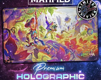 Custom Lorcana Holographic Foil Playmat – Woody and Buzz Toy Story Event Exclusive – TCG Gaming Mat – Matified