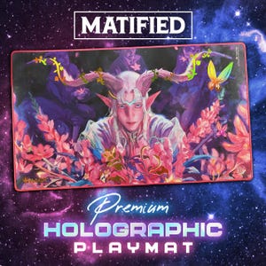 May include: A rectangular playmat with a fantasy art design. The artwork features a pale-skinned figure with horns and floral elements. The playmat has the text "MATIFIED" at the top and "Premium Holographic Playmat" at the bottom.