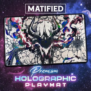 May include: A rectangular playmat featuring a central horned skull illustration with black, white, and iridescent holographic accents. The design includes cracked patterns, the text MATIFIED, and a Magic The Gathering logo. The background is a dark space nebula.